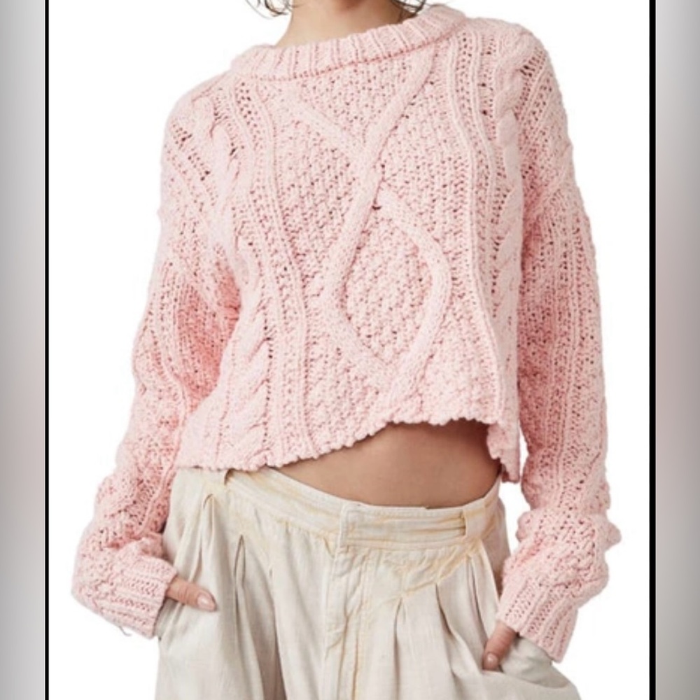 FREE PEOPLE Cutting Edge Cotton Chunky Cable Knit Turtleneck Sweater Pink